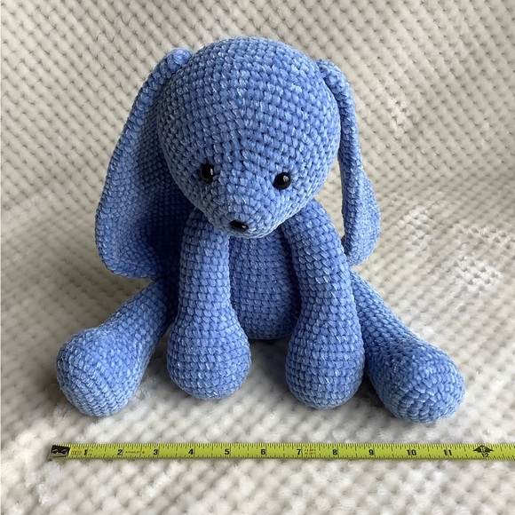 Cute Knitted Crocheted Plush Blue Bunny Rabbit Stuffed Animal Handmade Toy - Picture 9 of 10